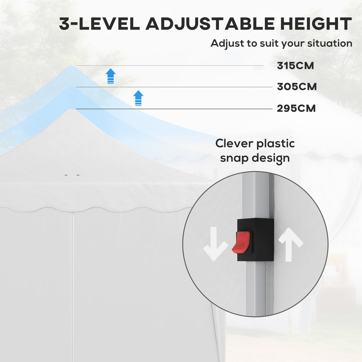 White gazebo canopy with three adjustable height settings and a snap-lock frame detail