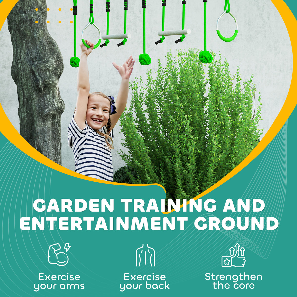 AIYAPLAY kids zip line kit with green hanging accessories above a child reaching up
