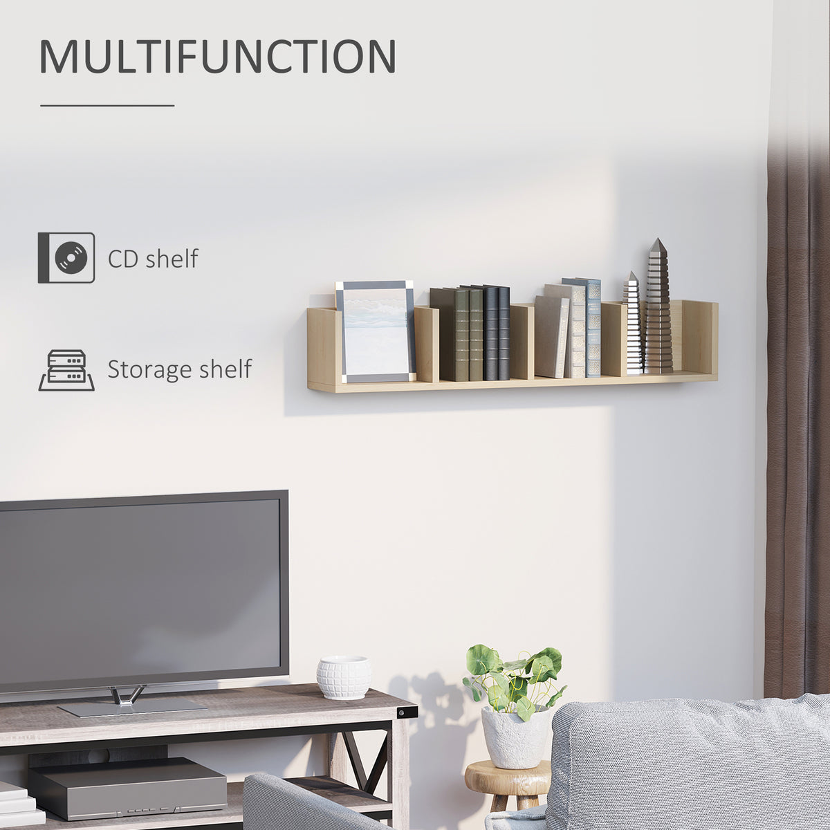 Natural wood wall-mounted media shelf holding books and discs above a TV.