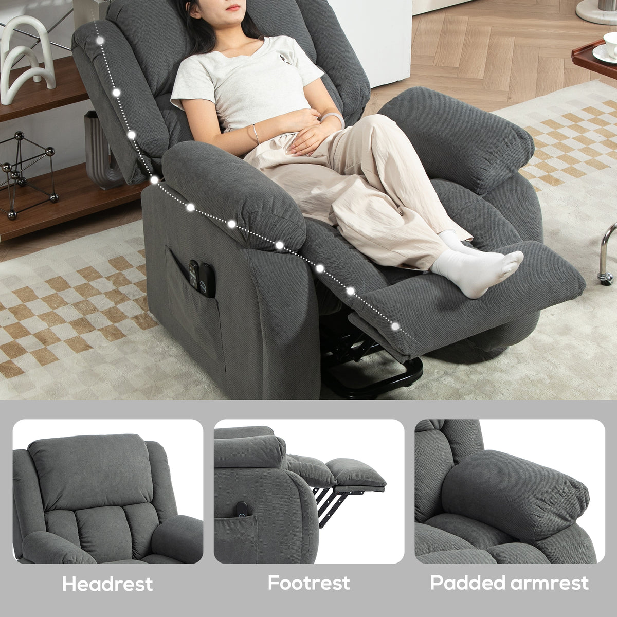 HOMCOM Recliner Armchair Lift Chair, Electric Recliner Chair with Vibration Massage and Heat, Wide Seat, USB Port, Grey