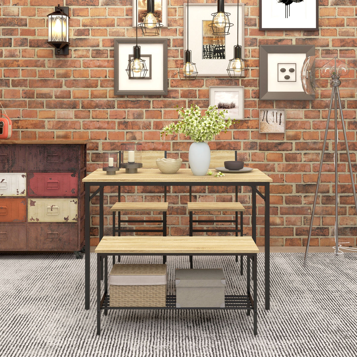 HOMCOM Square Dining Set for 4 Persons, Table, Chairs and Bench Included, Natural Wood Effect
