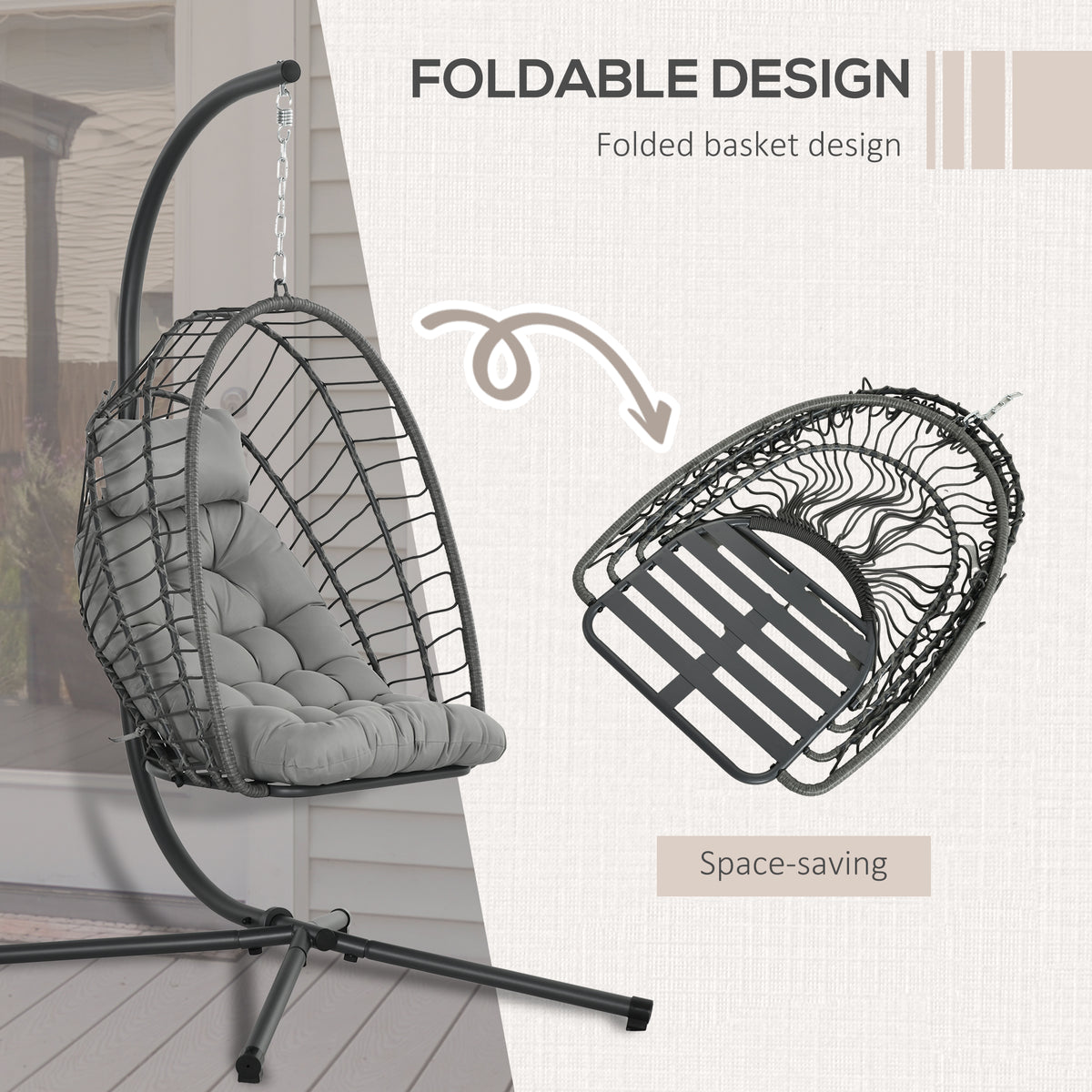 Outsunny foldable rattan swing chair basket shown open and folded for storage