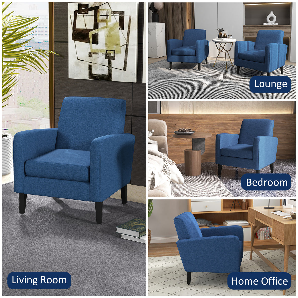 Blue boxy armchair shown in living room, lounge, bedroom and home office settings