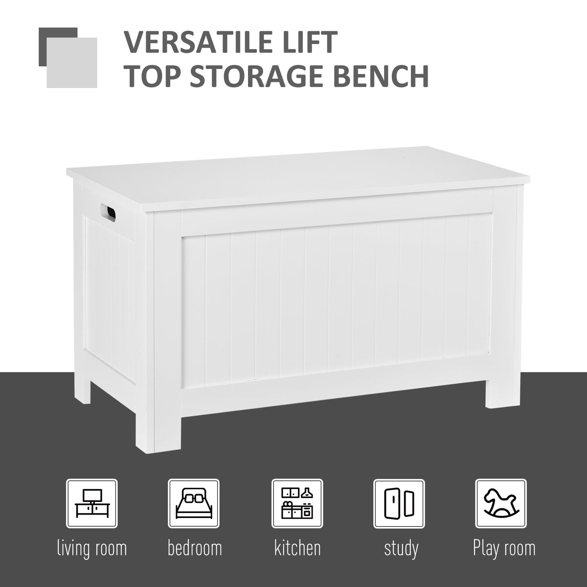 Closed white storage bench with paneled front and side handle cutouts