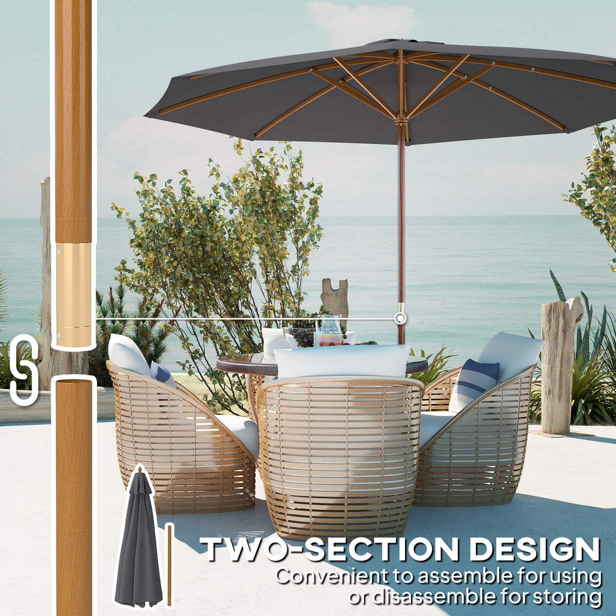 Outsunny 3m Wood Pole Parasol Umbrella - Grey