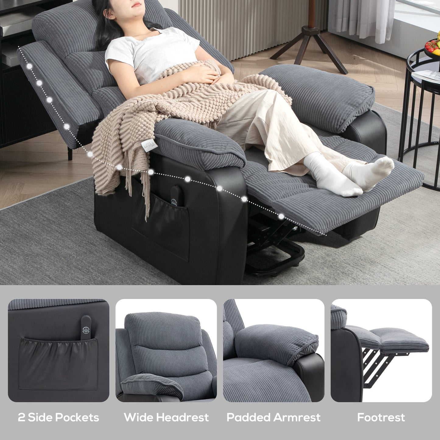 Electric lift chair reclined with extended footrest, padded arms and side pockets