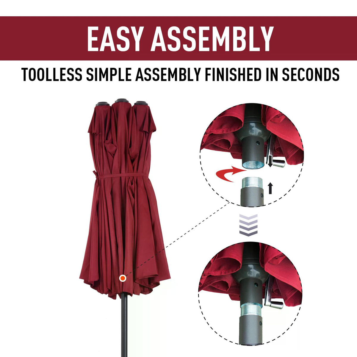 Folded wine-red Outsunny patio parasol with close-ups of its tool-free pole assembly