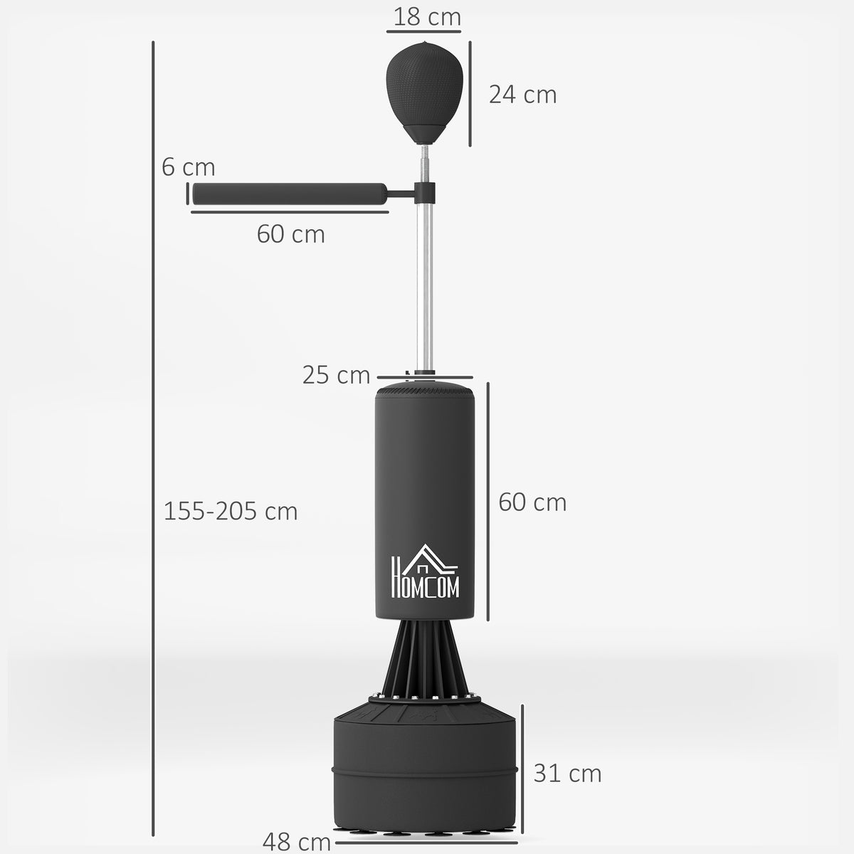 HOMCOM boxing stand with labeled dimensions, including adjustable 155–205 cm height