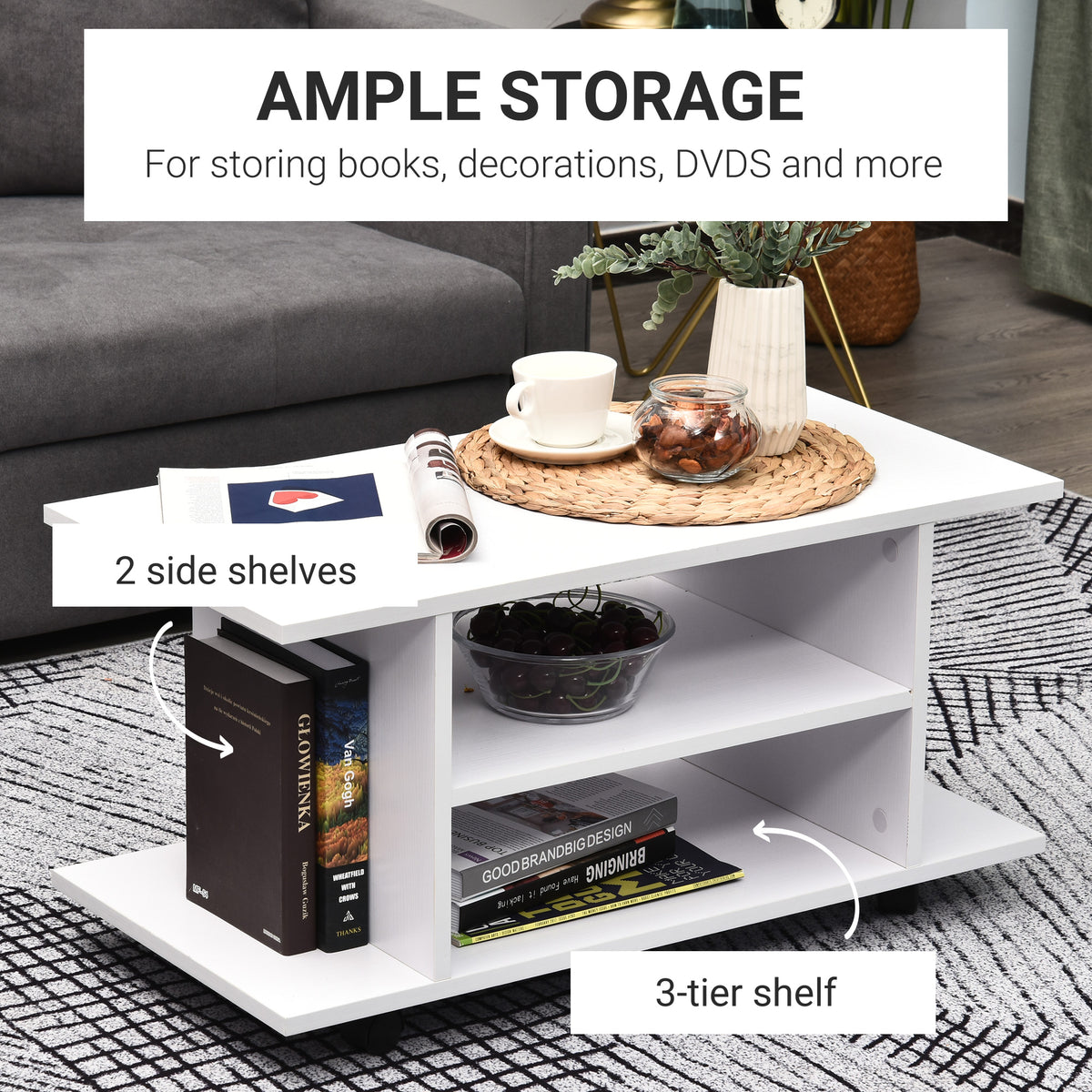 White TV stand with three-tier center shelving and open side shelves