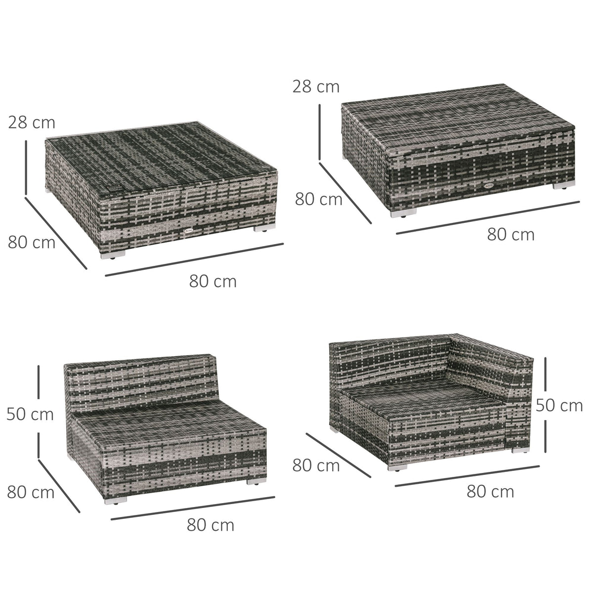 Gray wicker sofa set components shown with dimensions, including seats and footstools