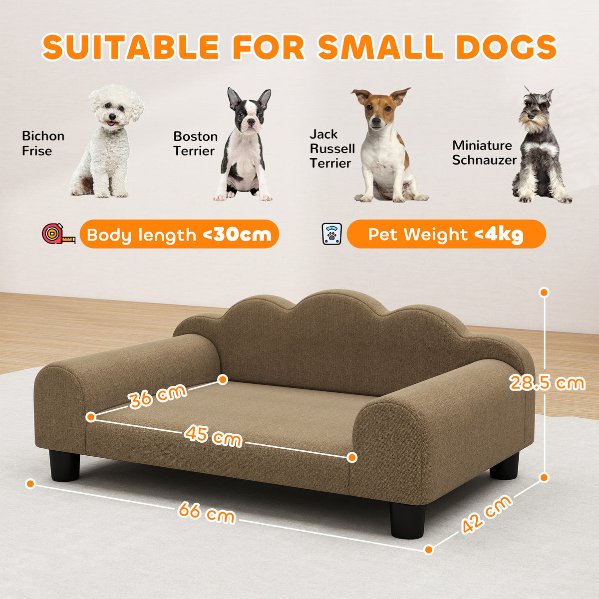 PawHut Elevated Dog Sofa Bed, Breathable Pet Sofa with Backrest and Armrest for Small Dogs, Brown
