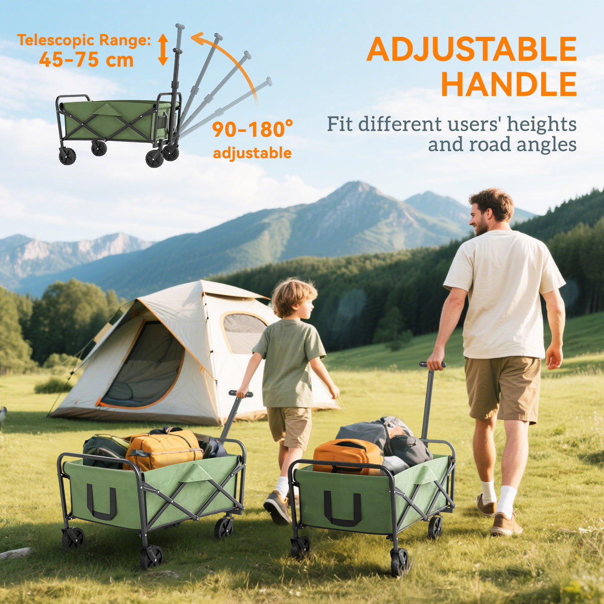 Outsunny 93L Festival Trolley on Wheels, Garden Folding Trolley Cart, 100kg Heavy Duty Collapsible Folding Wagon with Adjustable Handle and Carrying Bag for Beach, Camping, Festival, Green