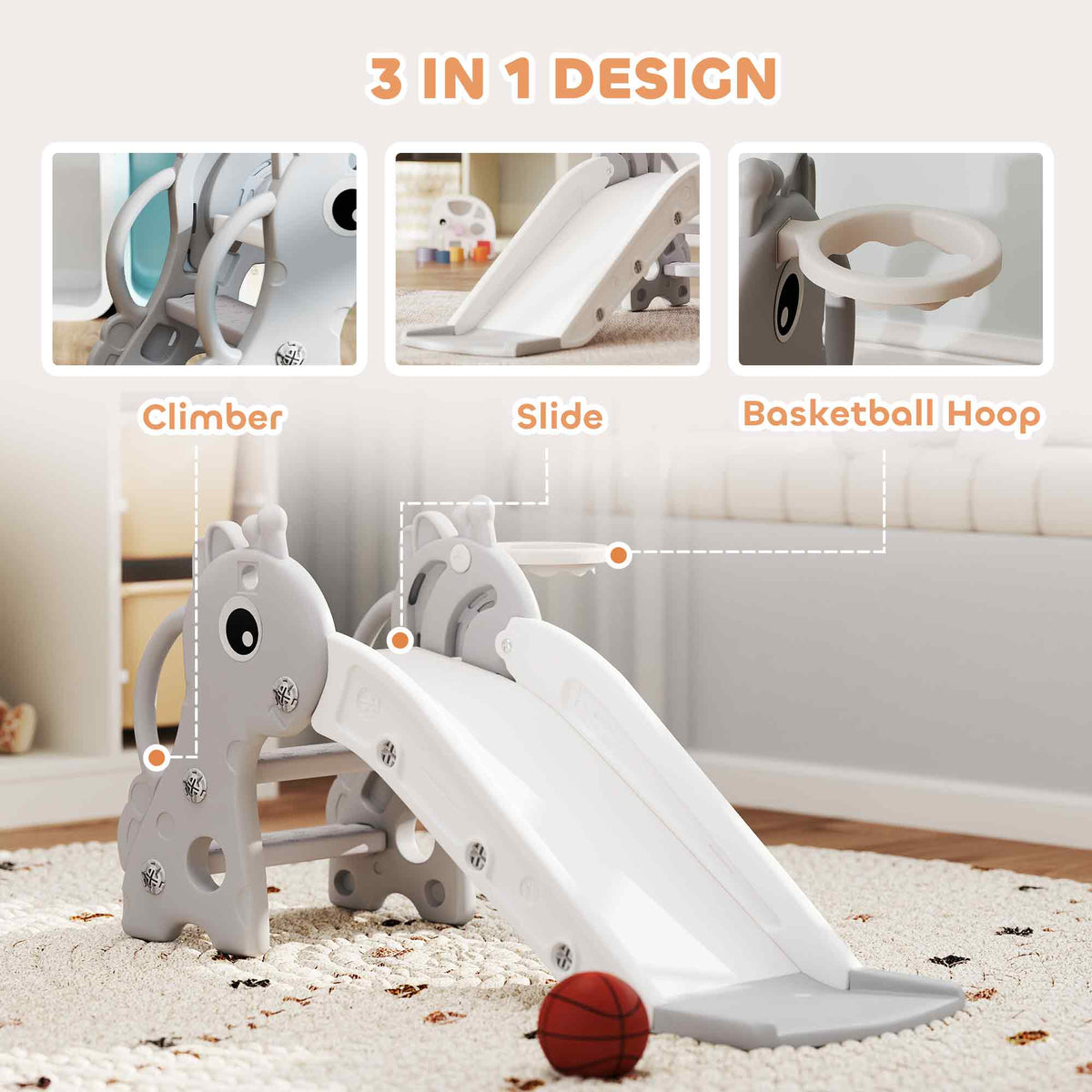 AIYAPLAY 3 in 1 Kids Slide with Climber, Basketball Hoop and Ball, Giraffe Shape Climber Slide for Indoor Kids Age 1-3, Grey