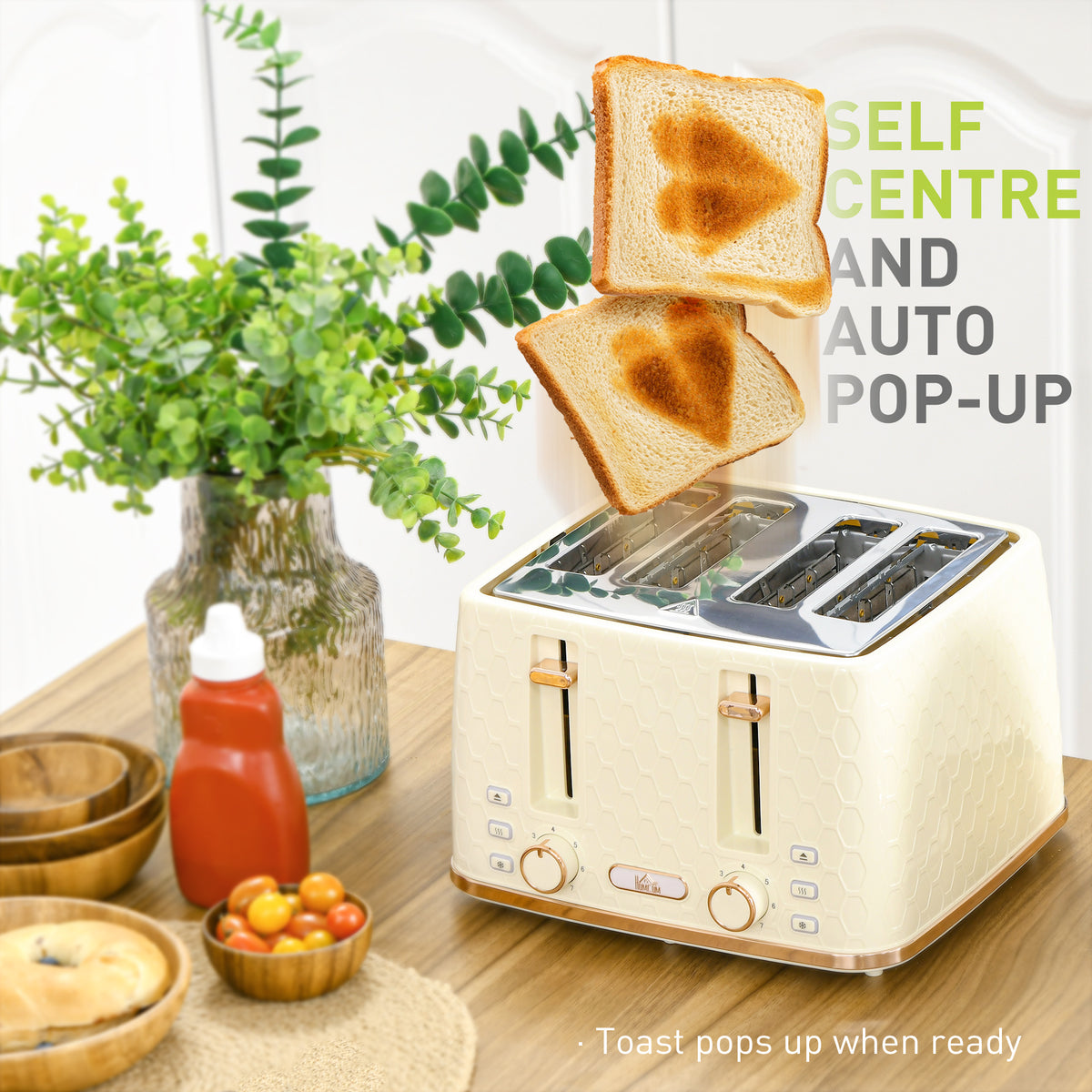 HOMCOM Kettle and Toaster Set, 1.7L 3000W Fast Boil Jug Kettle, 4 Slice Toaster with 7 Level Browning Controls, Beige