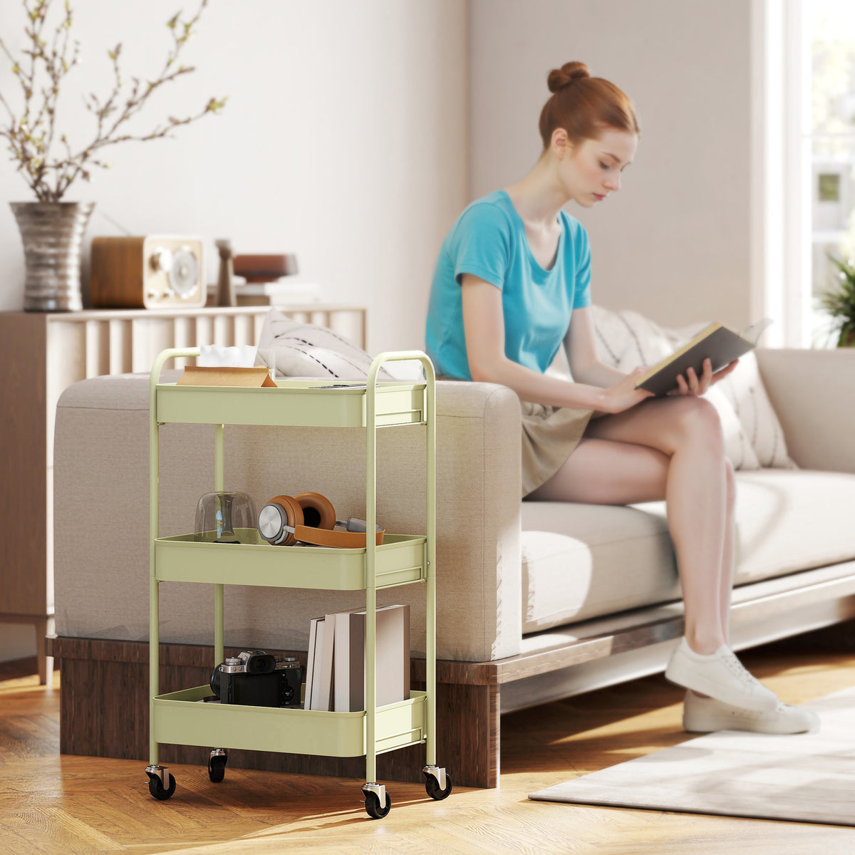 HOMCOM Three-Tier Steel Storage Trolley - Green