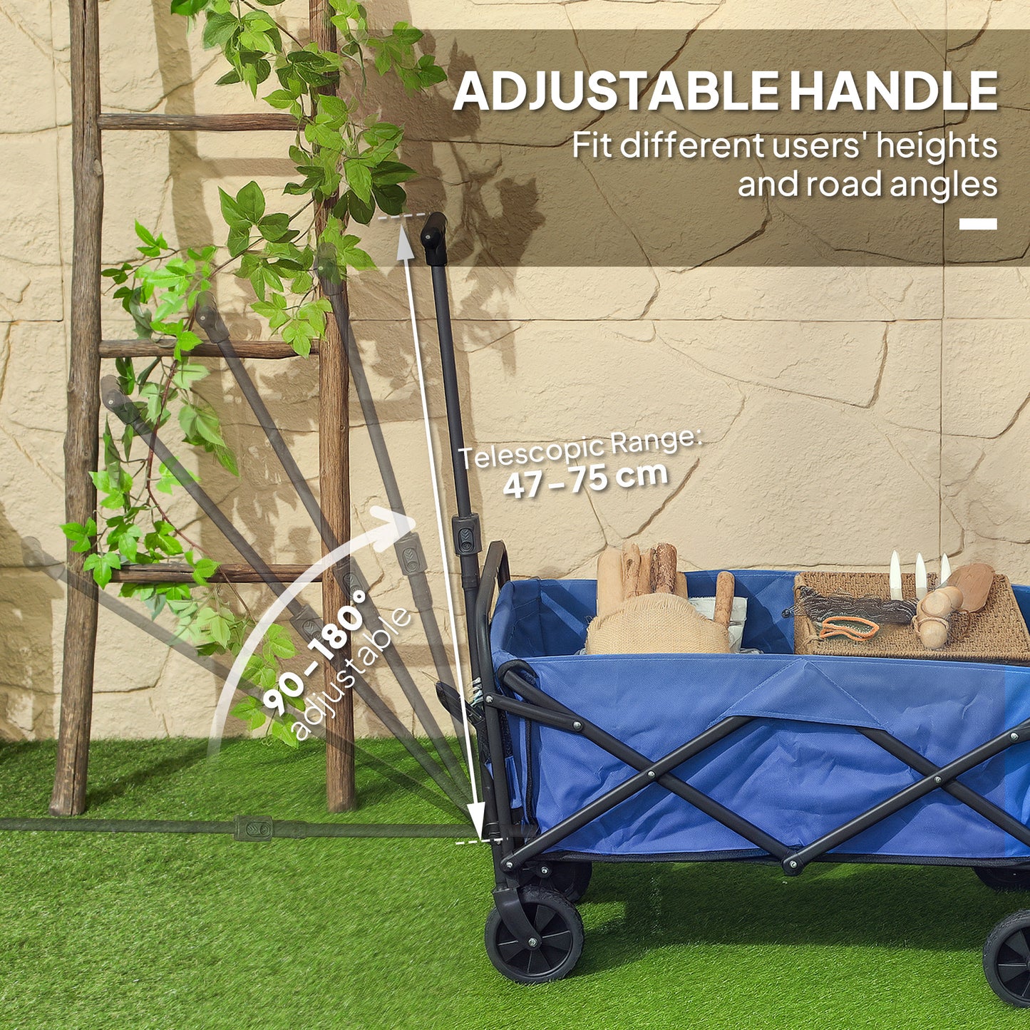 Outsunny 93L Festival Trolley on Wheels, Garden Folding Trolley Cart, 100kg Heavy Duty Collapsible Folding Wagon with Adjustable Handle and Carrying Bag for Beach, Camping, Festival, Blue