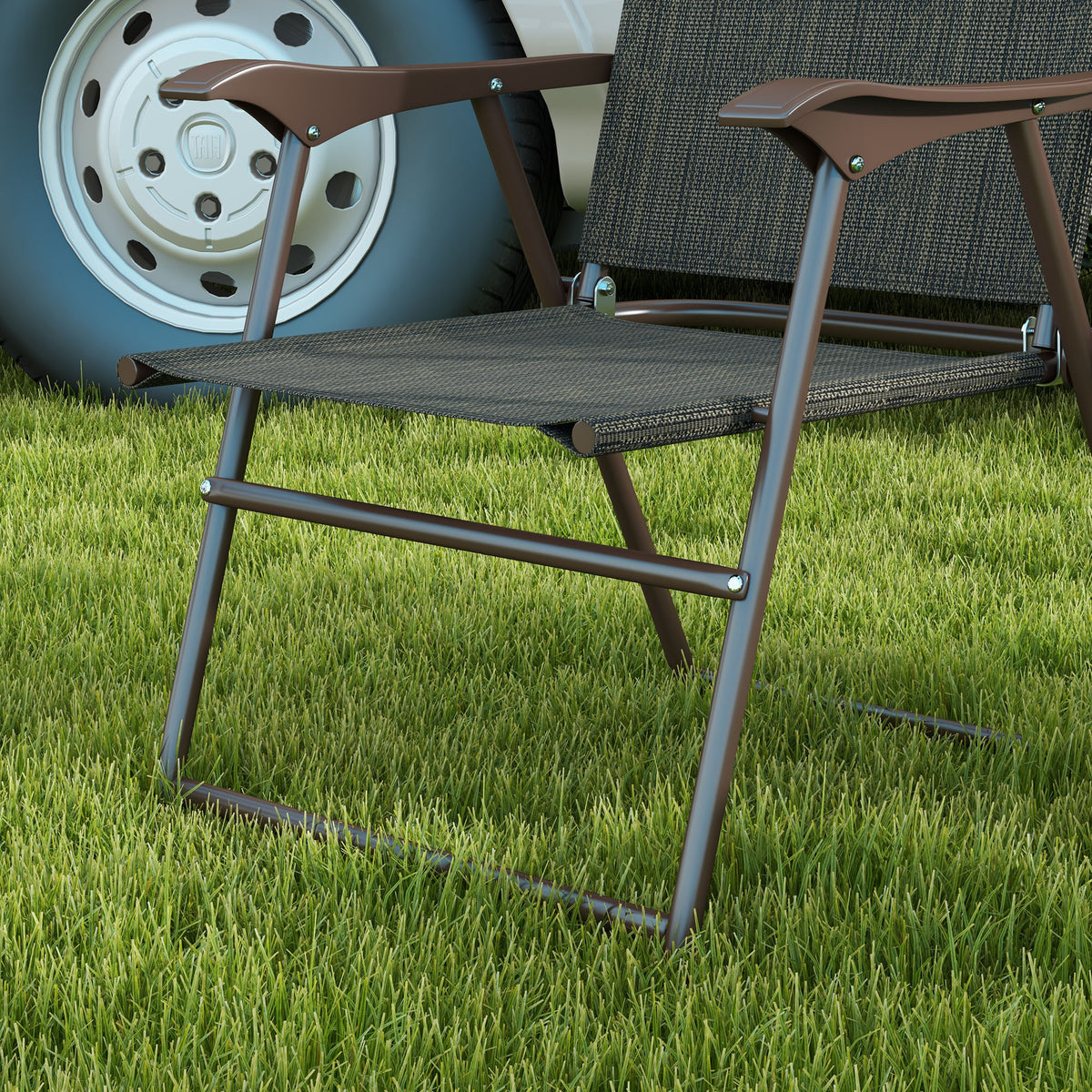 Outsunny folding garden chair with dark mesh seat, backrest, and armrests