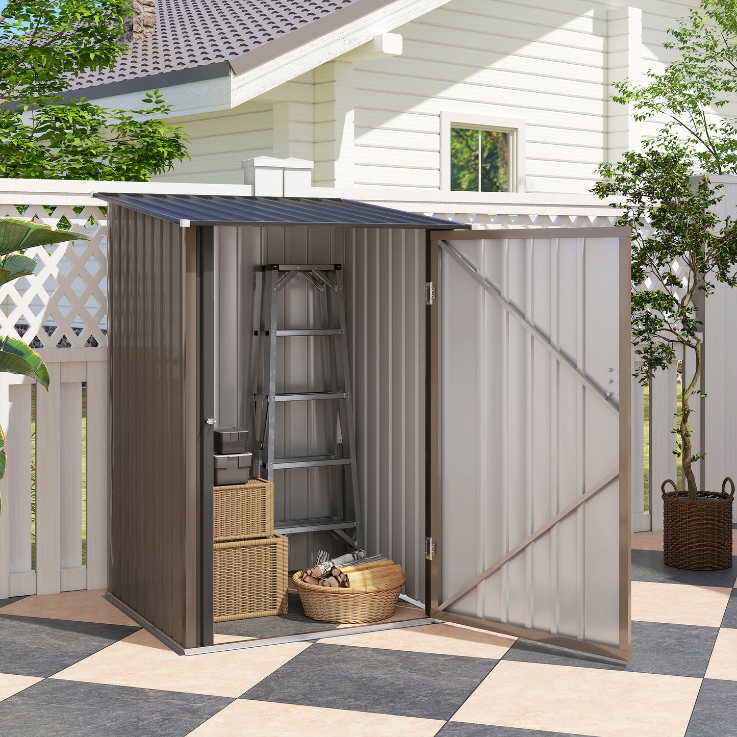 Outsunny 3.3 x 3.4ft Lean To Steel Garden Shed with Locking Door - Brown/Grey