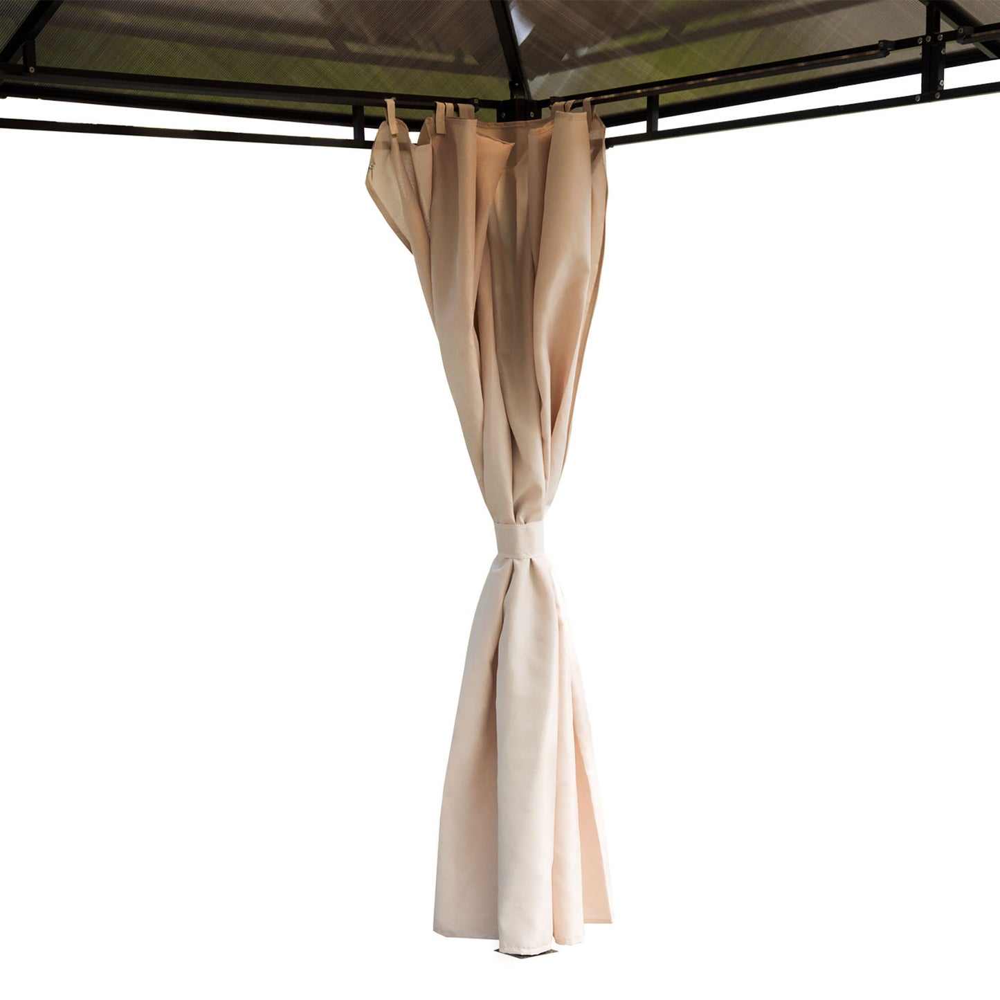 Beige gazebo curtain gathered and tied back beneath the roof