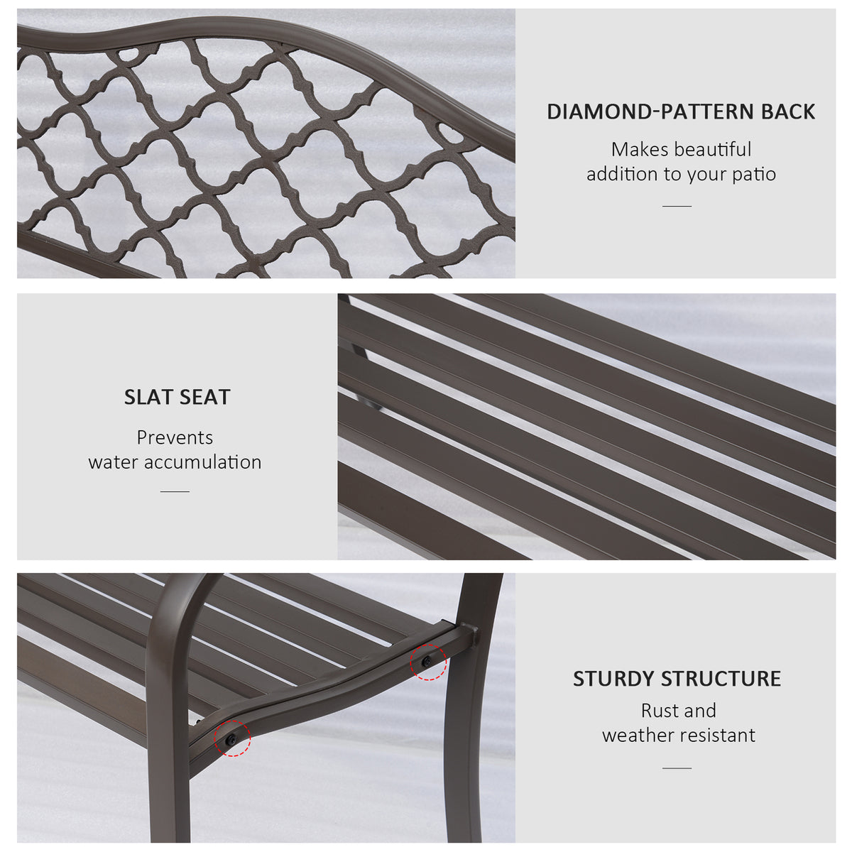 Cast iron bench details showing decorative back, slatted seat, and sturdy frame joints