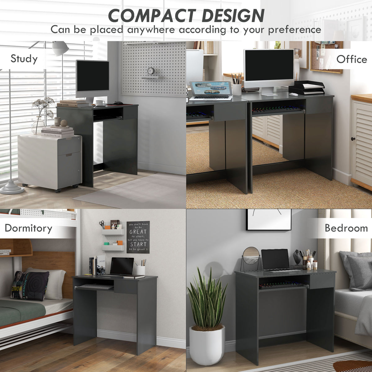 Compact grey computer desk shown in study, office, dormitory and bedroom settings.