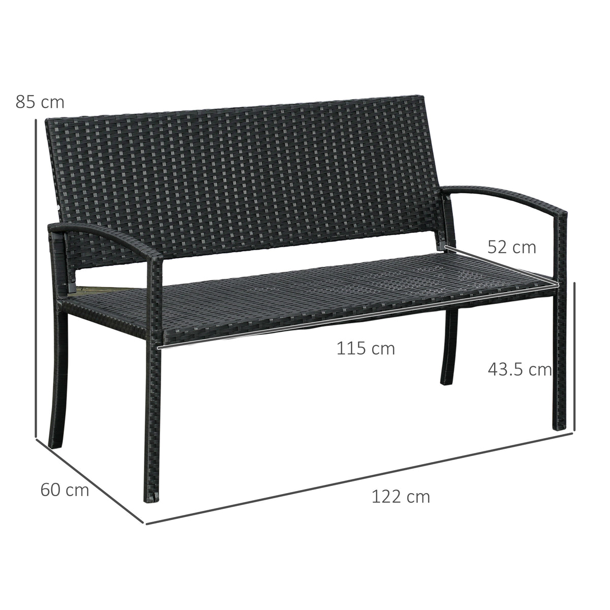 Black rattan garden bench with dimensions marked: 122 cm wide, 60 cm deep, 85 cm high
