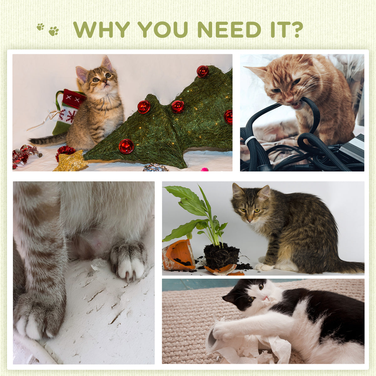 Cat tree product graphic beside cats scratching furniture and disturbing household items