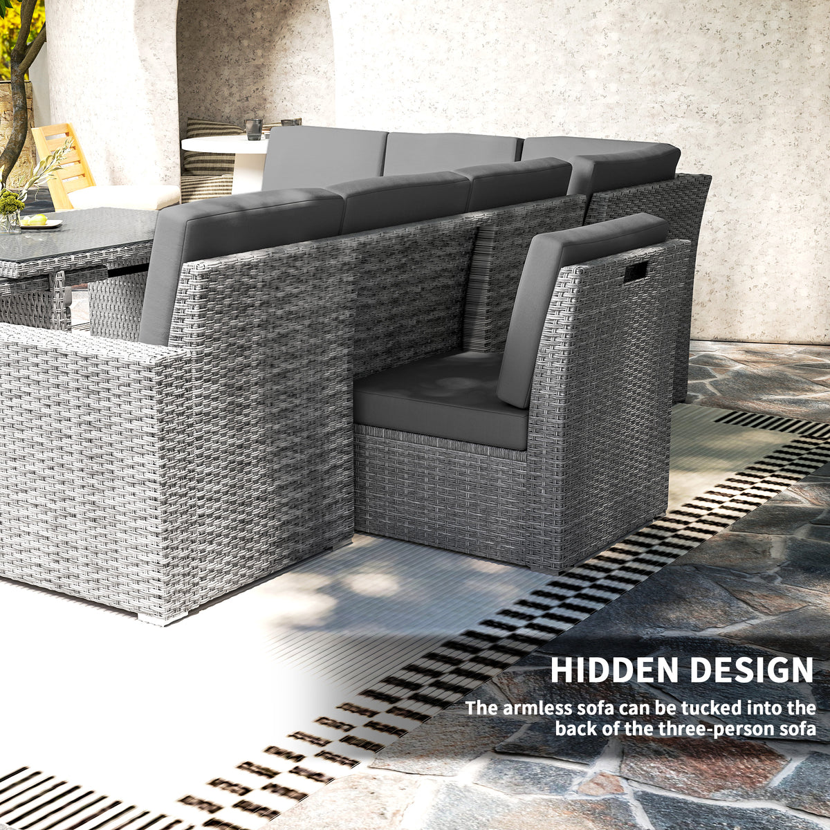 Rattan armchair tucks into the back of the three-seat sofa