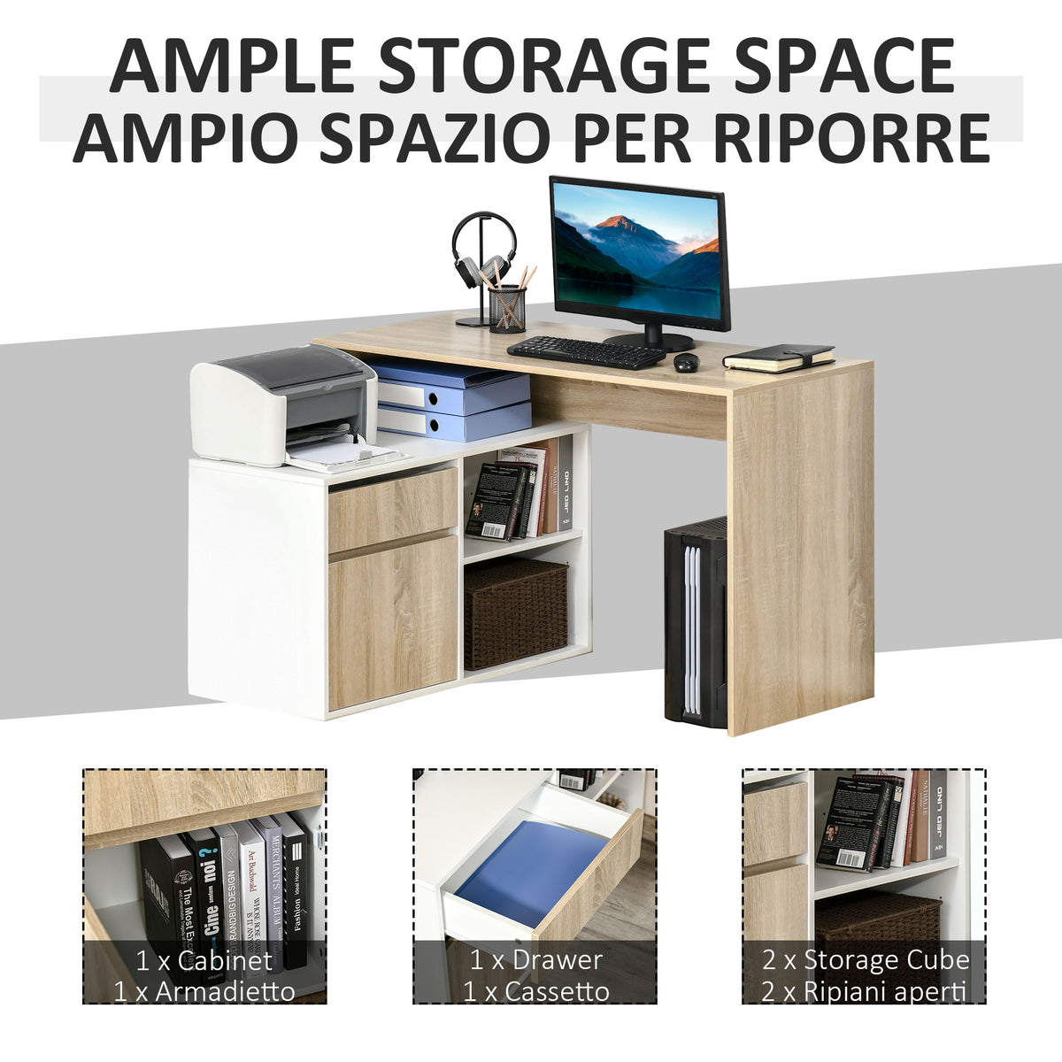 Corner desk with computer, printer, drawer, cabinet, and two open storage shelves