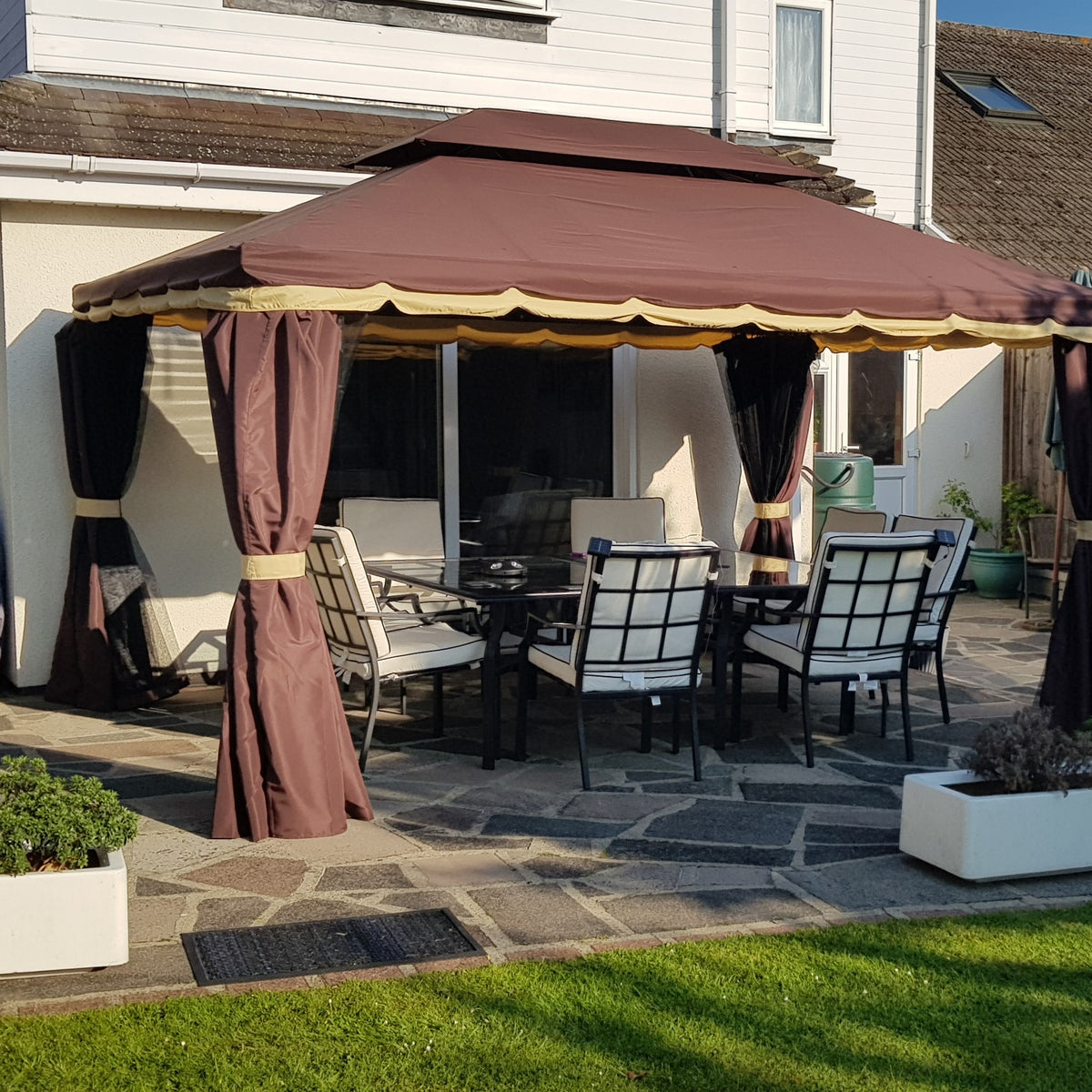 Outsunny 3 x 4m Aluminium Garden Gazebo, Marquee Canopy Shelter Pavilion Party Tent with Nets and Curtains for Garden and Deck, Coffee