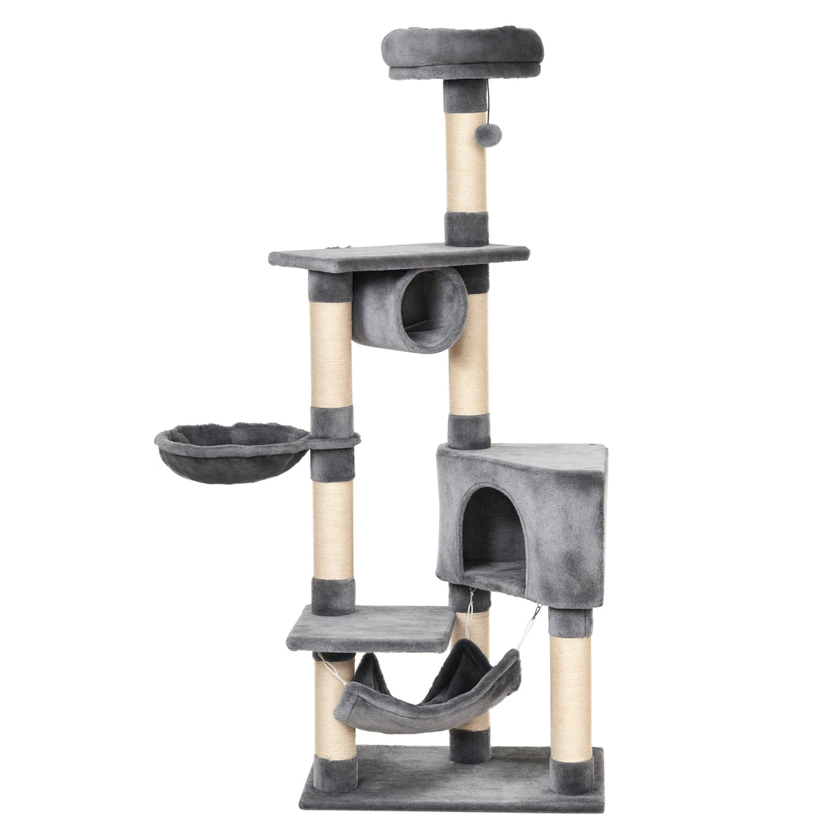Gray multi-level cat tree with round tunnel, condo, hammock, bed and sisal posts