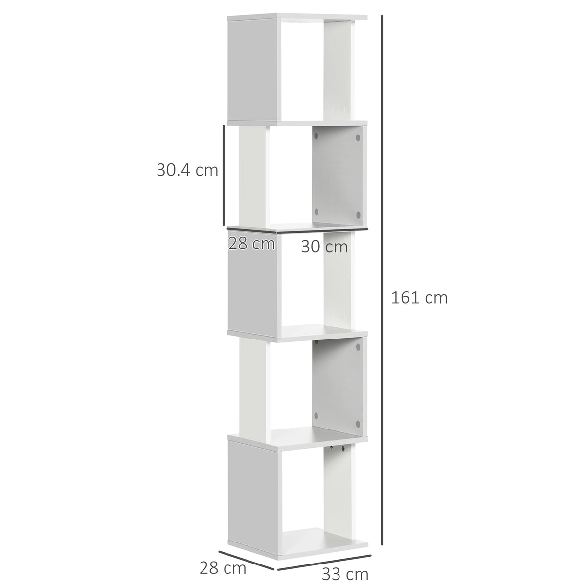HOMCOM five-tier bookshelf with dimensions marked: 161 cm tall and 33 cm wide