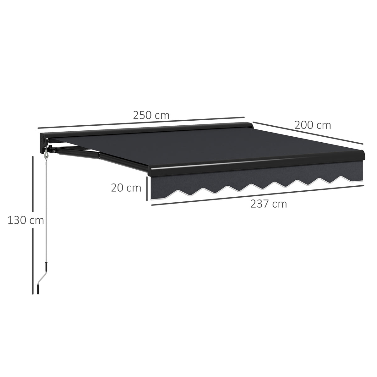 Grey retractable awning with crank handle; dimensions shown: 250 by 200 cm