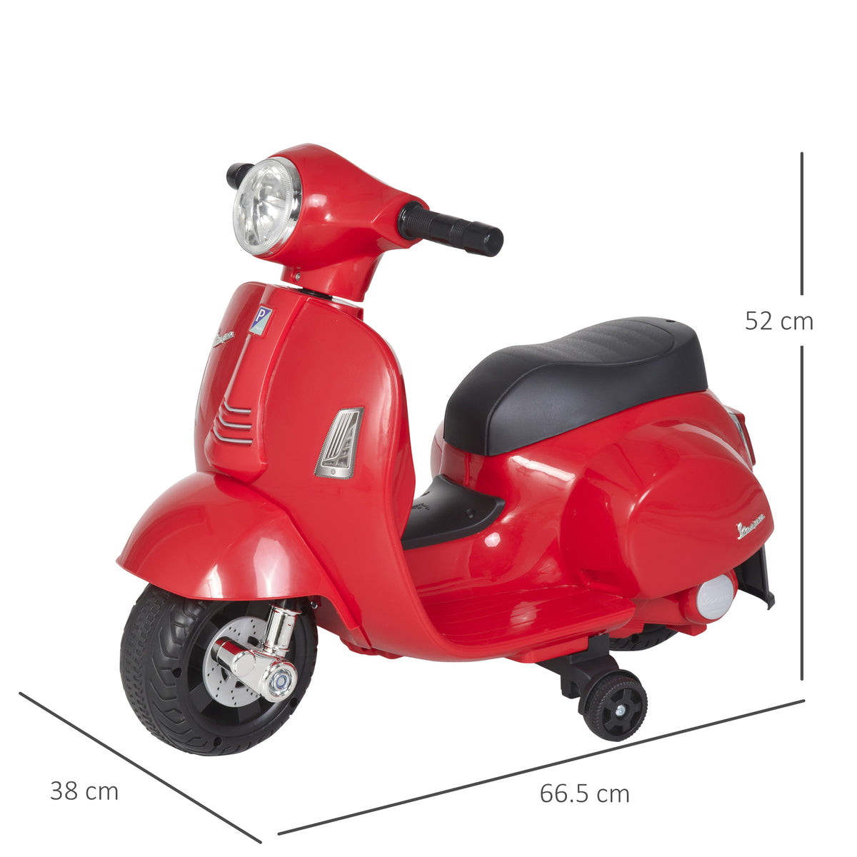 Red Vespa kids' electric ride-on motorcycle with dimensions of 66.5 by 38 by 52 cm