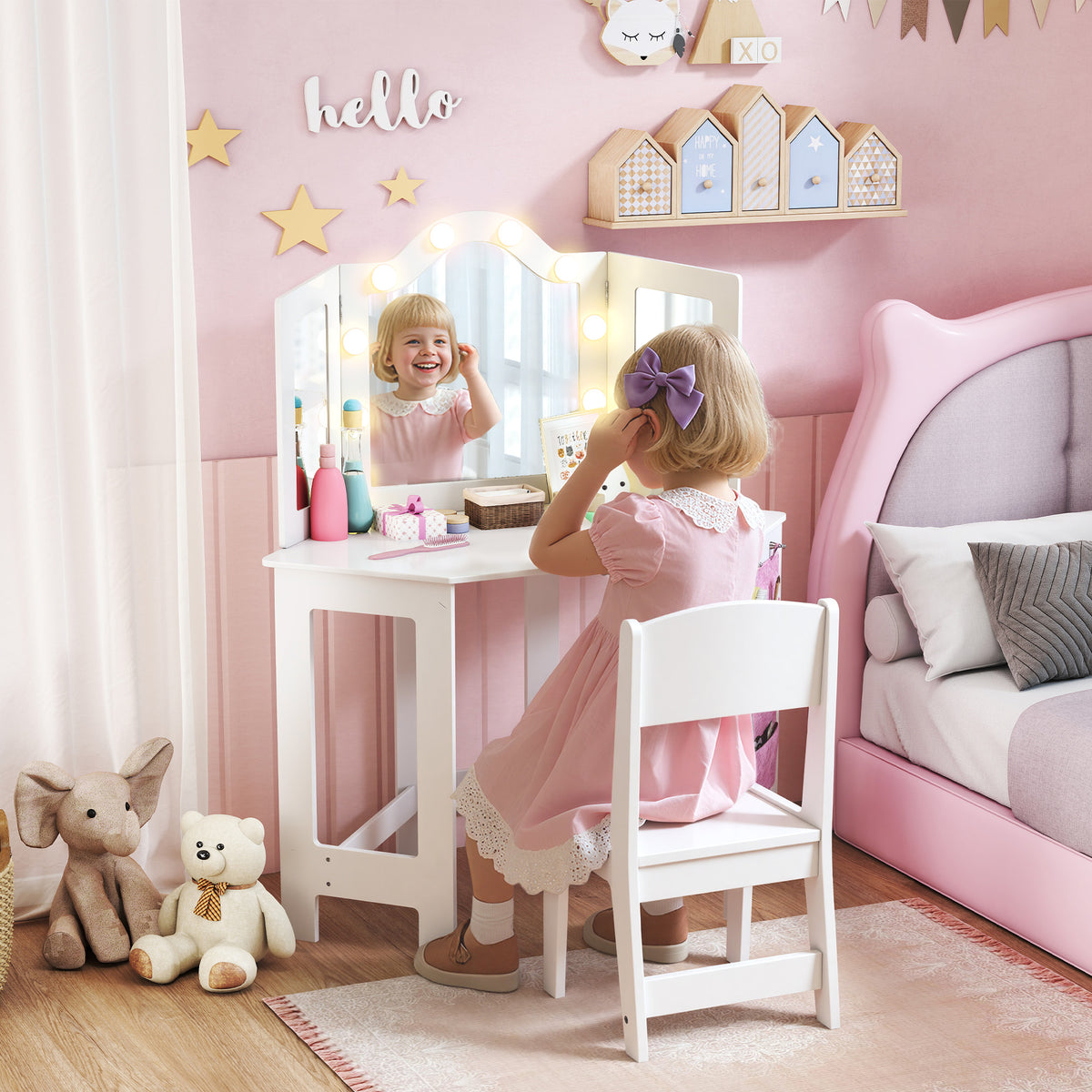 AIYAPLAY Kids Dressing Table and Stool Set, Girls Vanity Table with 2-Colour LED Lights, Tri-Folding Mirror, White