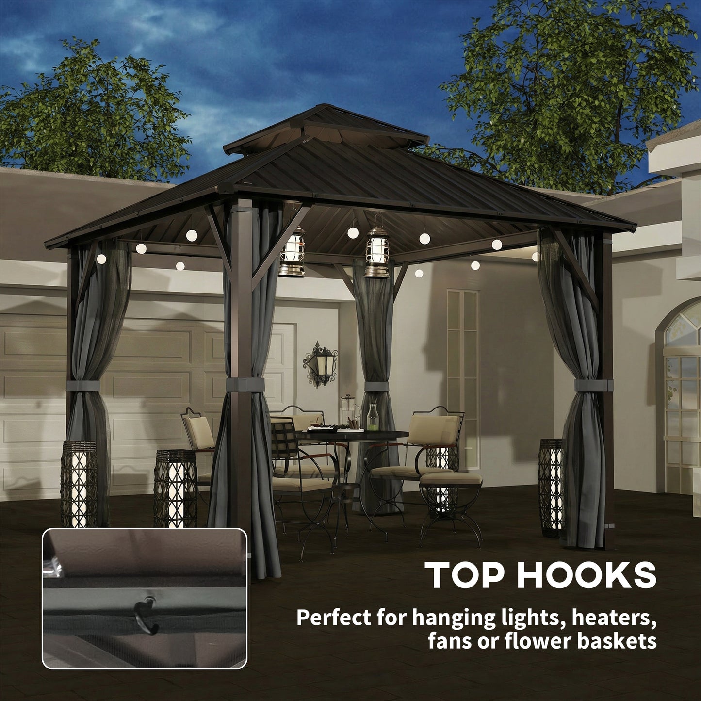 Outsunny 3 x 3(m) Hardtop Gazebo Canopy with Metal Roof, Waterproof Permanent Pavilion Garden Gazebo with Netting, Curtains, Grey