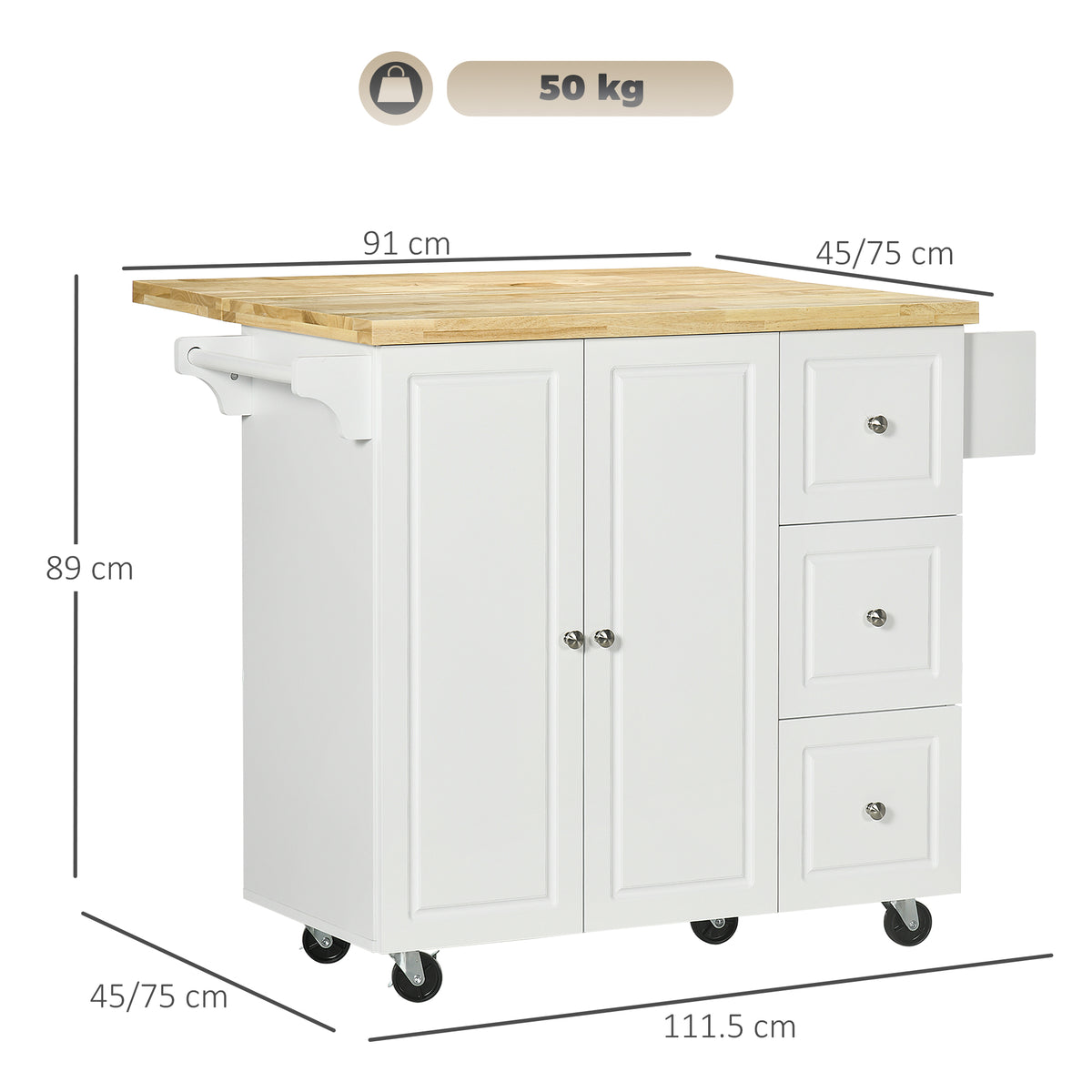 White rolling kitchen island with wood top, drop leaf, cabinet doors, three drawers and casters