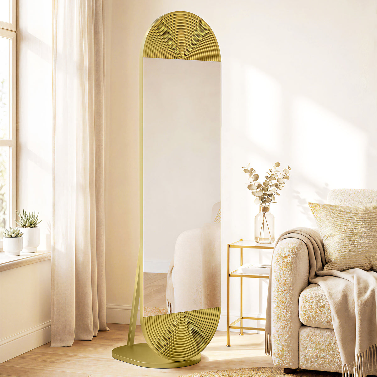 HOMCOM 50 x 161 cm Wavy Full Length Mirror, Free Standing Mirror with Metal Frame and Solid Base, Gold Tone