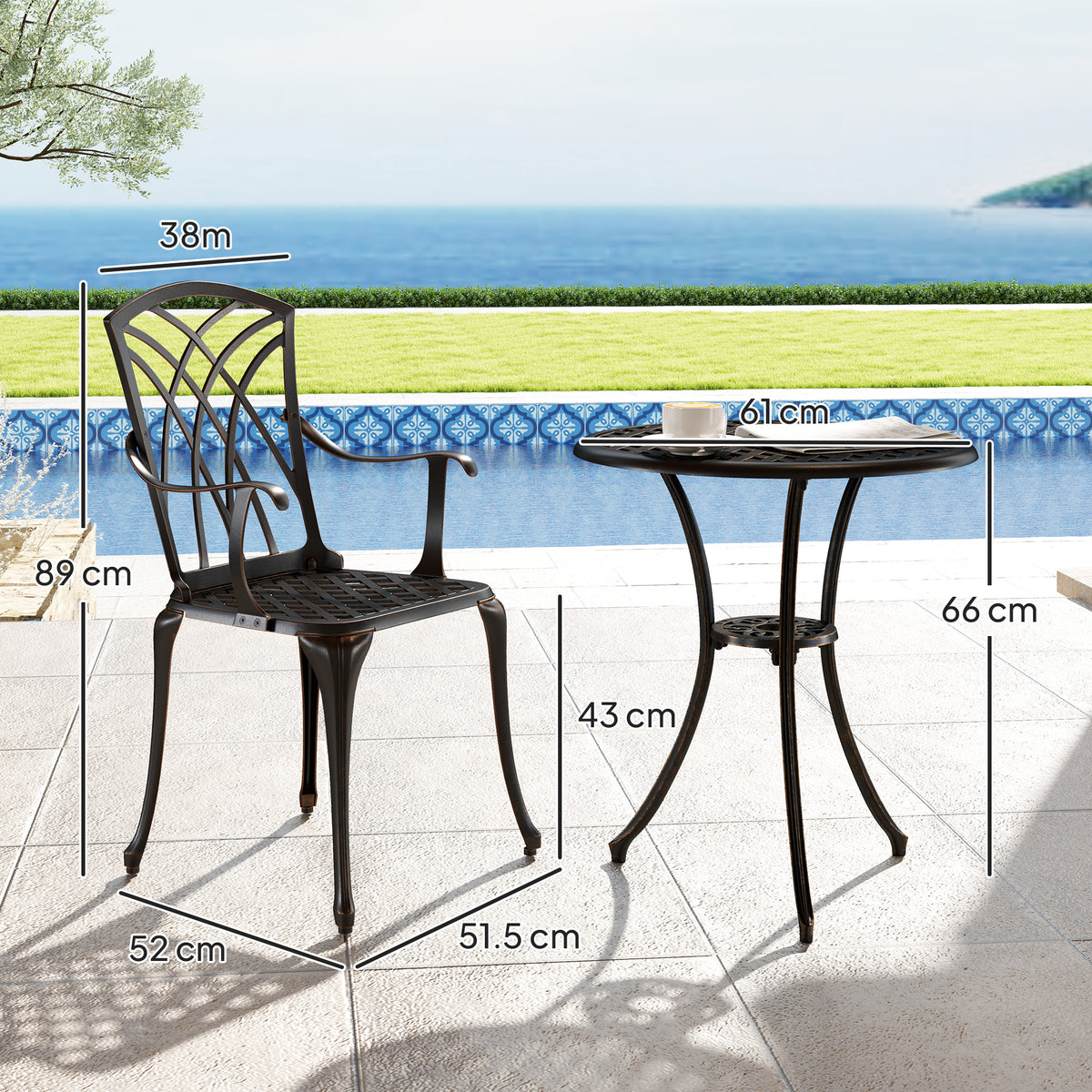 Outsunny garden dining set with armchair and round table, shown with dimensions