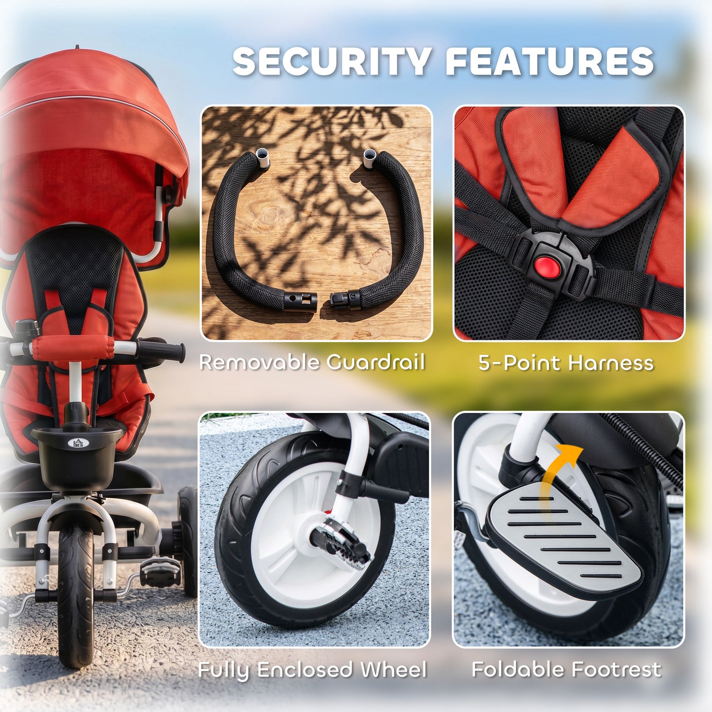 HOMCOM Metal Frame 6 in 1 Baby Push Tricycle with Parent Handle for 1-5 Years Old, Red