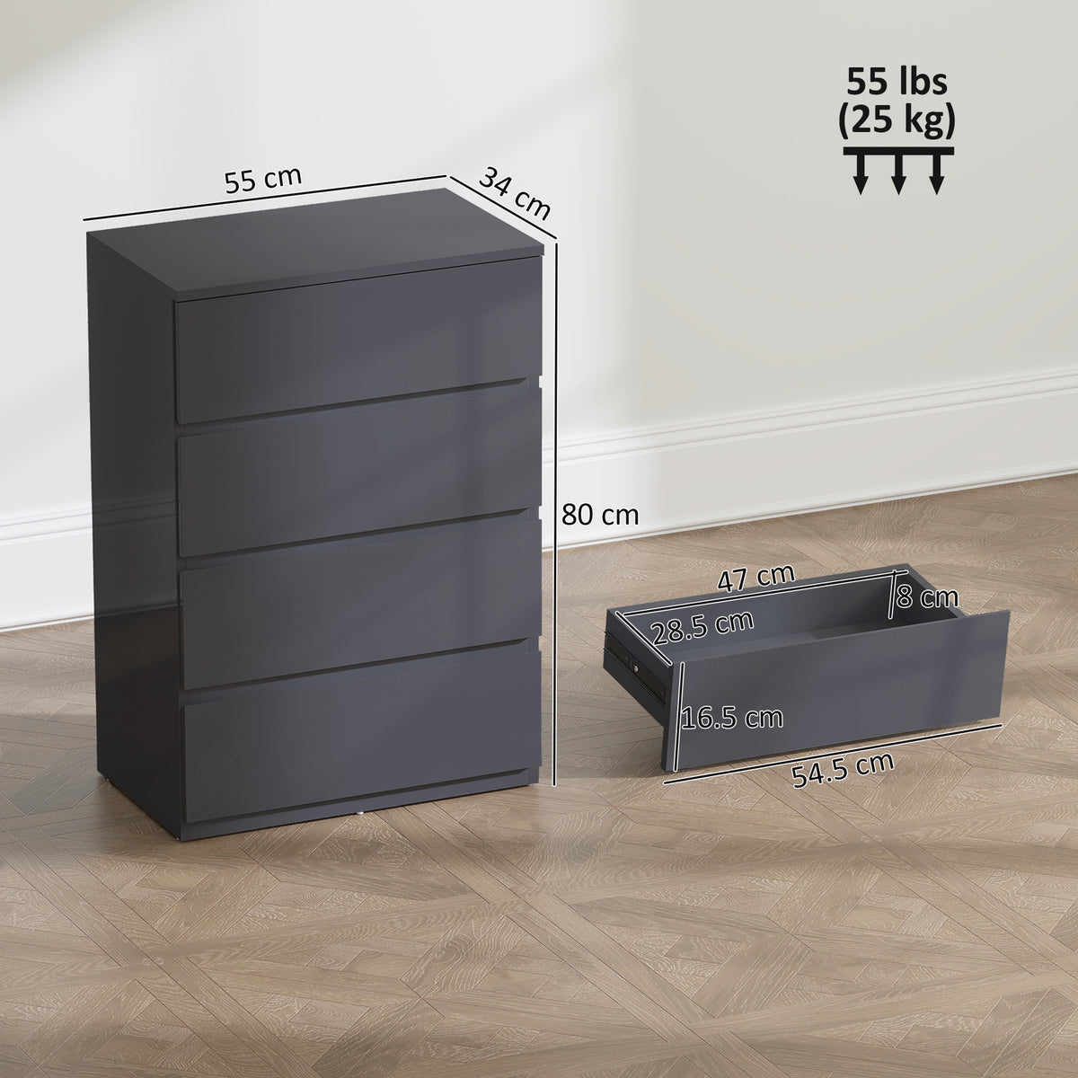 HOMCOM High Gloss Chest of Drawers, 4-Drawer Storage Cabinets, Modern Dresser for Bedroom, Grey