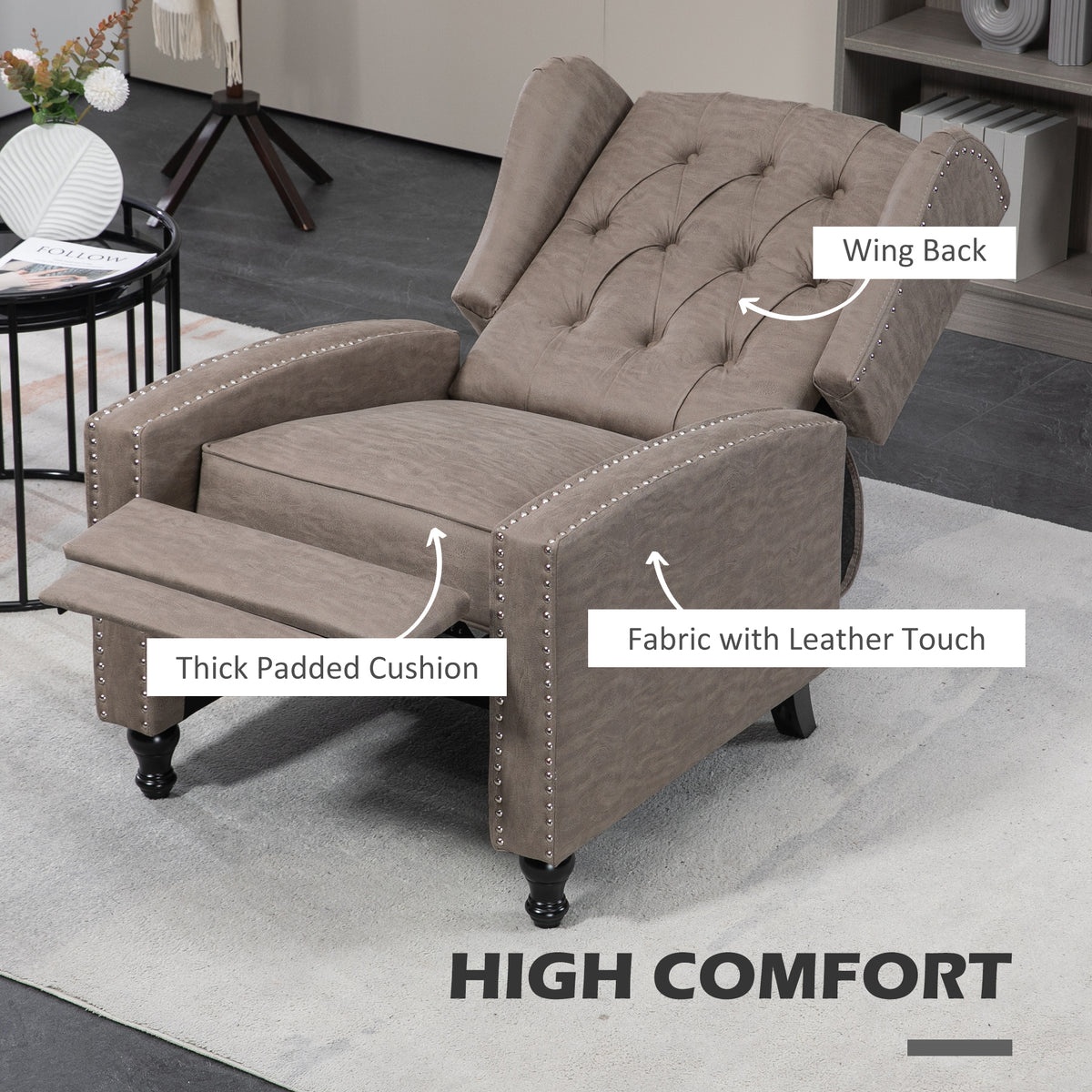 HOMCOM brown recliner with padded cushion, wingback, and nailhead trim