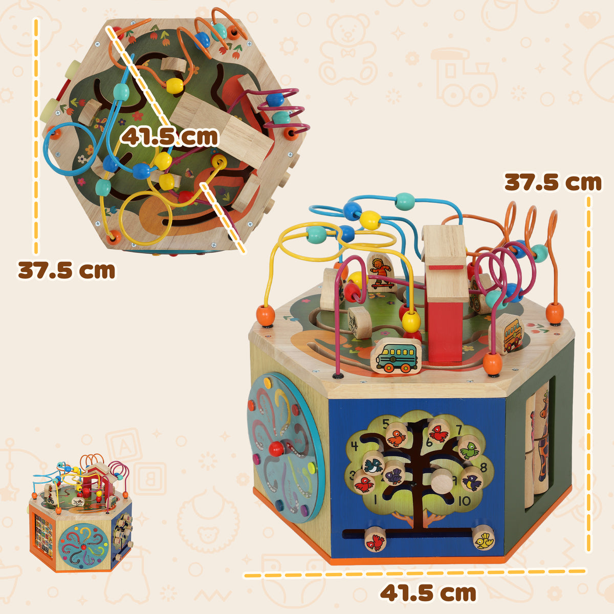 AIYAPLAY 8 in 1 Wooden Activity Cube with Bead Maze, Shape Sorter, for Kids Boys Girls 18+ Months