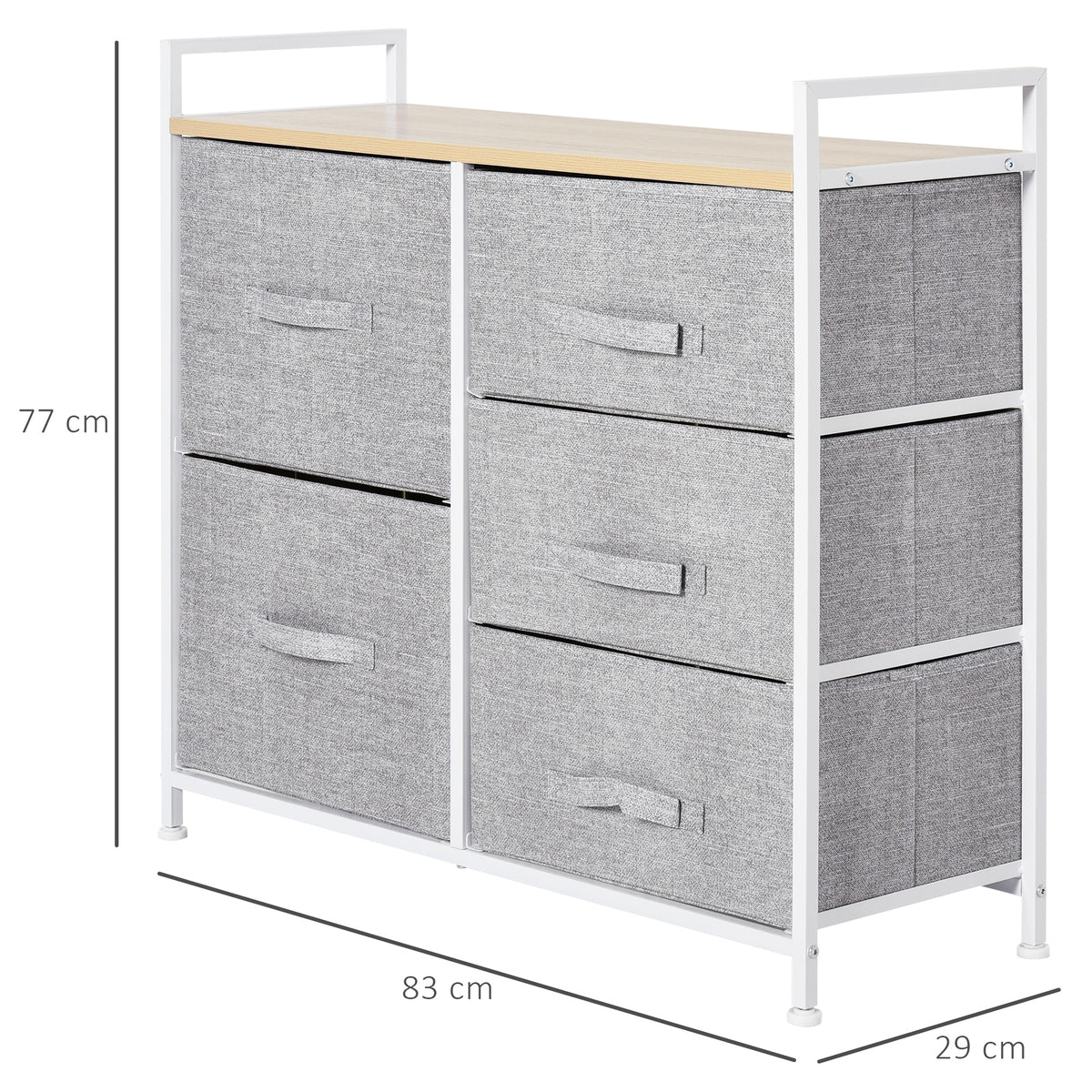 Five-drawer storage unit with wood-look top, shown with dimensions of 83 by 29 by 77 cm