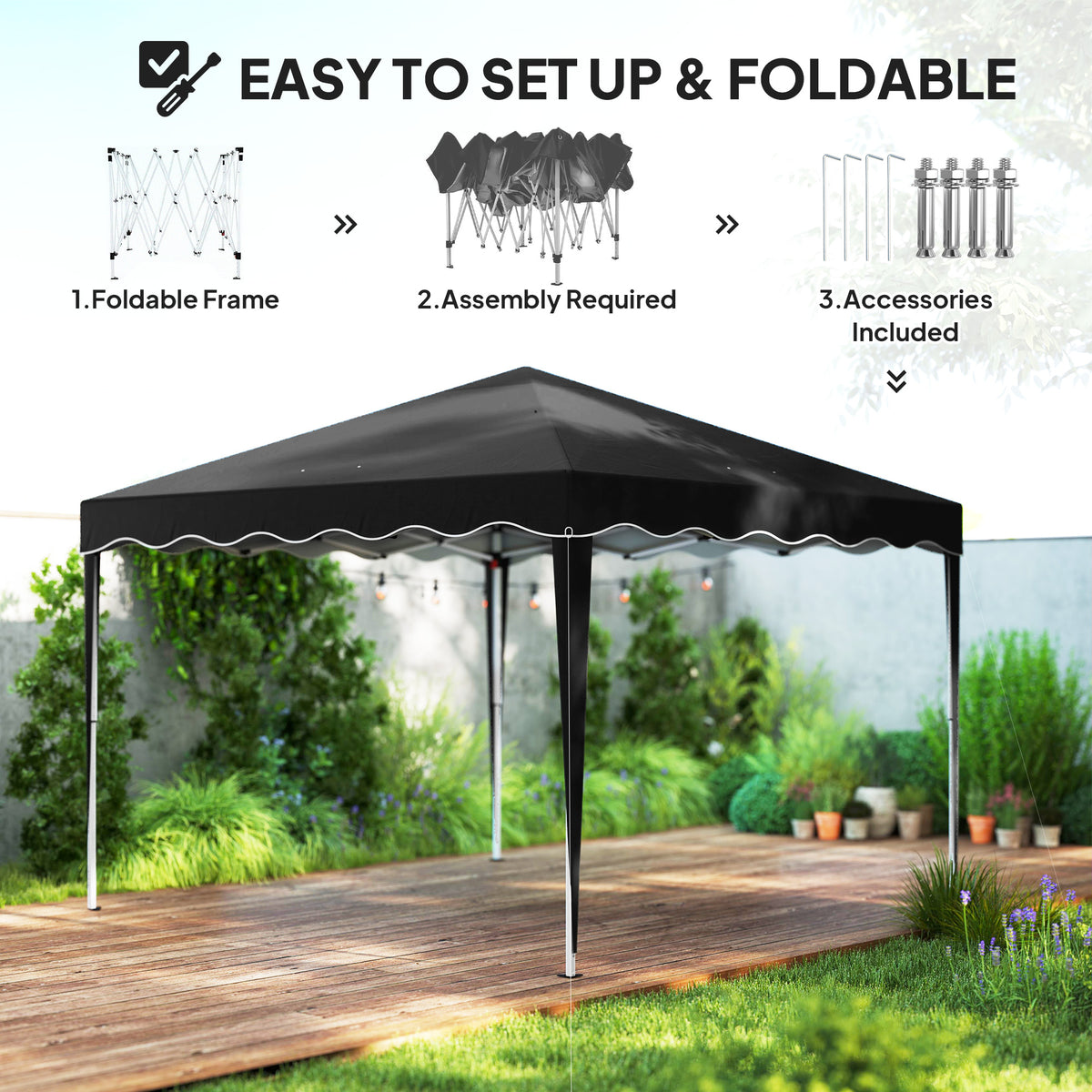 Black pop-up gazebo with folding frame and included assembly accessories