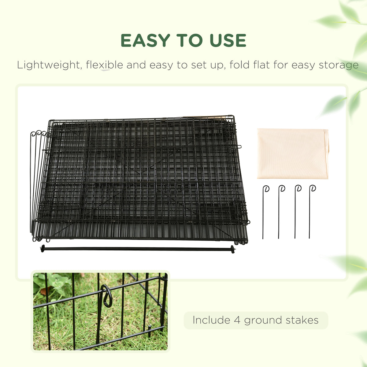 PawHut metal rabbit run folded flat beside its cover and four ground stakes