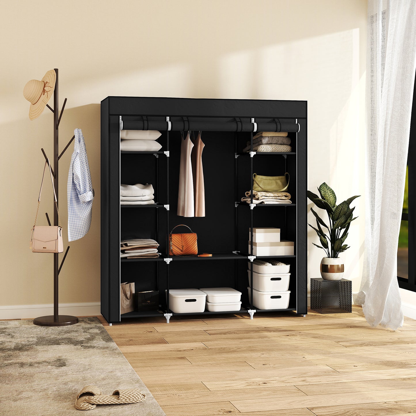 HOMCOM Portable Wardrobe, Foldable Fabric Wardrobe, 150 x 43 x 162.5cm, Clothes Storage Organiser with Hanging Rail, Shelves, Fabric Cover for Bedroom, Black