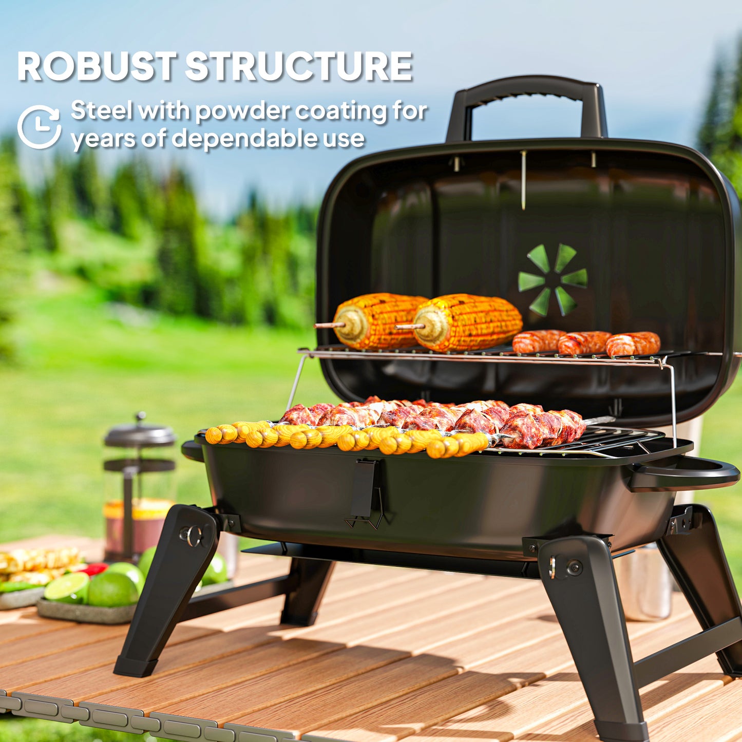 Outsunny Charcoal Barbecue Grill Folding Portable BBQ Grill for Camping with 1232 cm² Cooking Area, Adjustable Vent, Thermometer, Handles for Picnic, 59 x 37 x 36 cm, Black