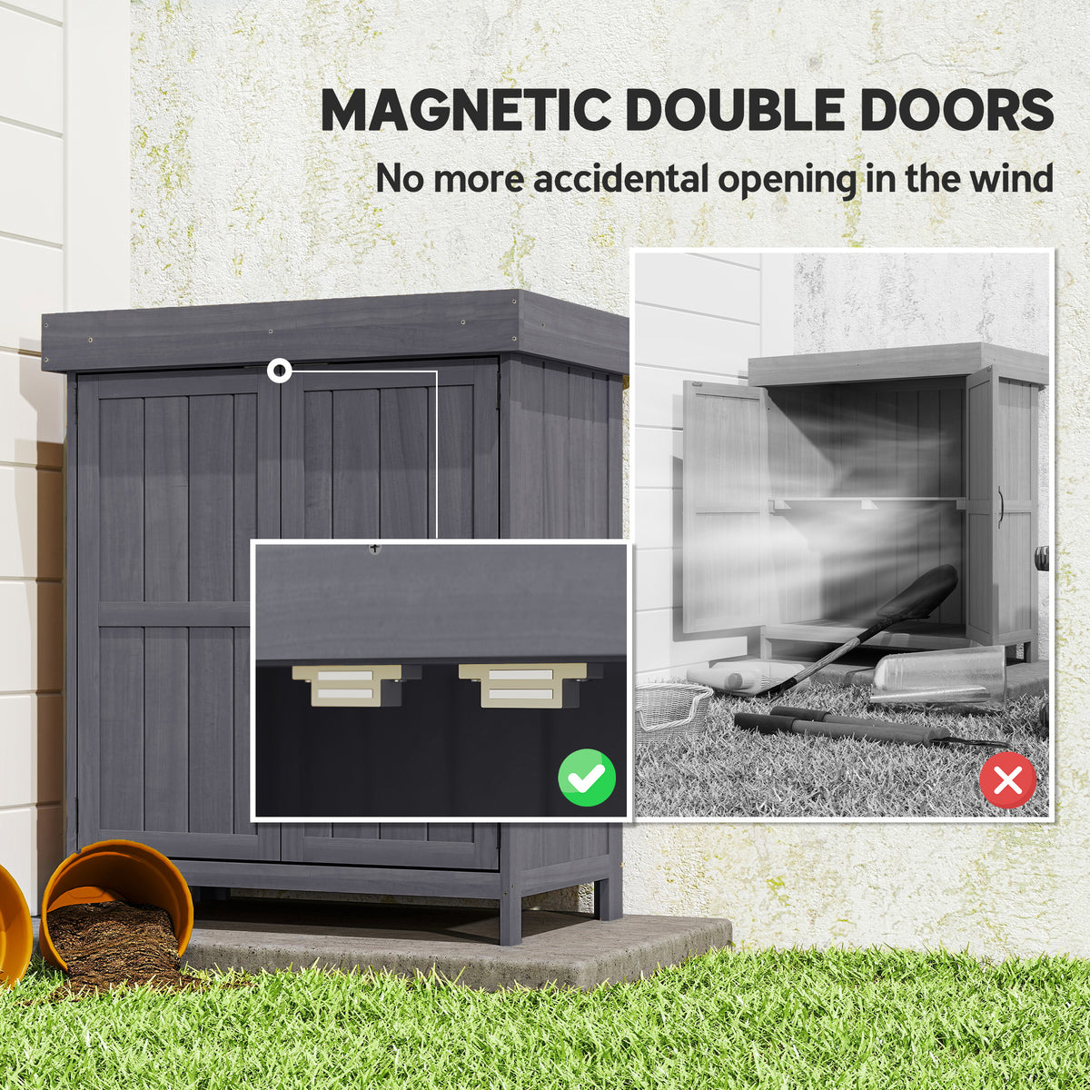 Outsunny Small Shed, Wooden Garden Shed with Openable Hinged Roof and Removable Shelf, Outdoor Tool Storage Cabinet Chest with Double Doors, 74 x 43 x 88 cm, Grey