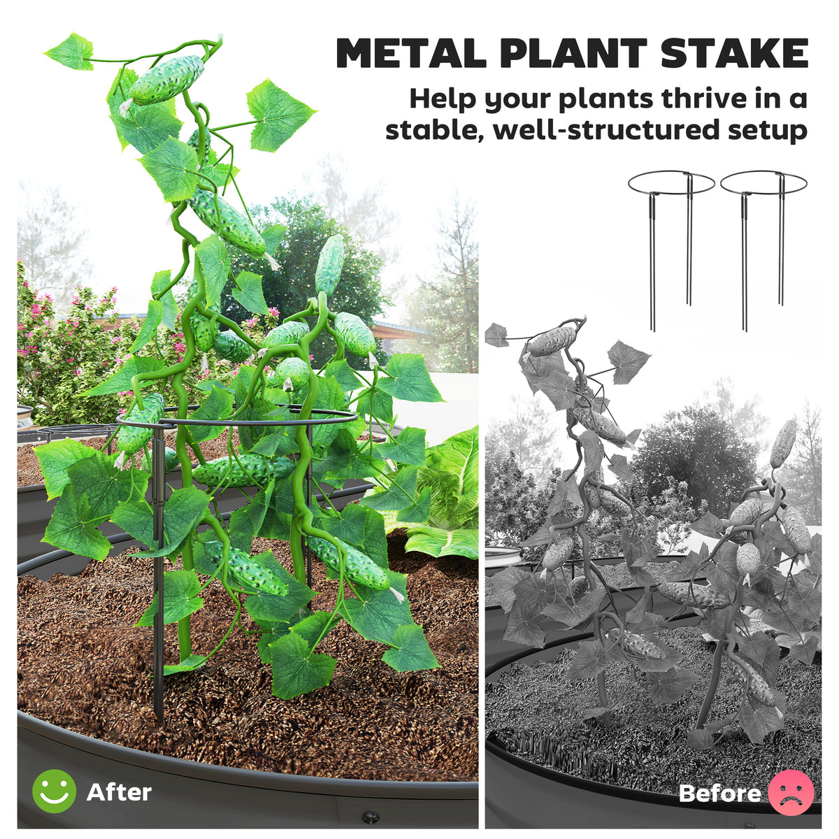 Dark grey steel planter with a metal stake supporting a climbing plant